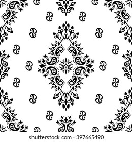 Wallpaper in the style of Baroque. Seamless paisley, vector indian floral ornament background, damask pattern. Boho apparel art, design back for fabric, papper and more.