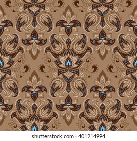 Wallpaper in the style of Baroque. Seamless paisley, vector indian floral ornament background, damask pattern. Boho apparel art, design back for fabric, papper and more.