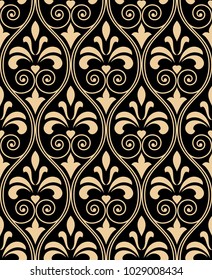 Wallpaper in the style of Baroque. A seamless vector background. Black and gold floral ornament. Graphic vector pattern