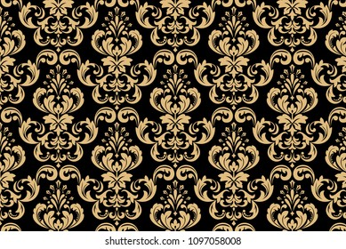 Wallpaper in the style of Baroque. A seamless vector background. Black and gold floral ornament. Graphic pattern for fabric, wallpaper, packaging. Ornate Damask flower ornament