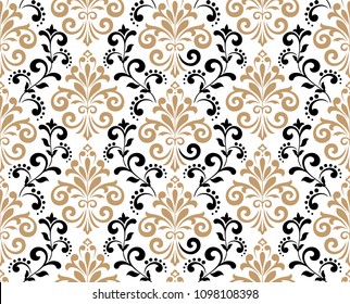 Wallpaper in the style of Baroque. A seamless vector background. Black and gold floral ornament. Graphic pattern for fabric, wallpaper, packaging. Ornate Damask flower ornament