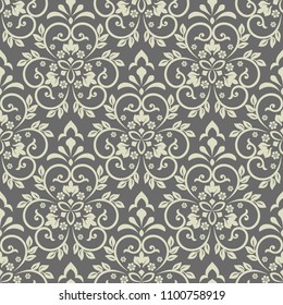 Wallpaper in the style of Baroque. A seamless vector background. Grey floral ornament. Graphic pattern for fabric, wallpaper, packaging. Ornate Damask flower ornament