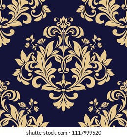 Wallpaper in the style of Baroque. Seamless vector background. Dark blue and gold floral ornament. Graphic pattern for fabric, wallpaper, packaging. Ornate Damask flower ornament