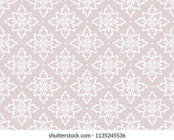 Wallpaper in the style of Baroque. Seamless vector background. White and pink floral ornament. Graphic pattern for fabric, wallpaper, packaging. Ornate Damask flower ornament