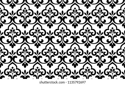 Wallpaper in the style of Baroque. Seamless vector background. White and black floral ornament. Graphic pattern for fabric, wallpaper, packaging. Ornate Damask flower ornament