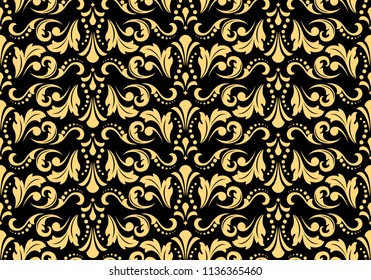 Wallpaper in the style of Baroque. Seamless vector background. Gold and black floral ornament. Graphic pattern for fabric, wallpaper, packaging. Ornate Damask flower ornament