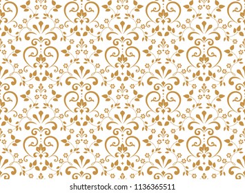 Wallpaper in the style of Baroque. Seamless vector background. White and gold floral ornament. Graphic pattern for fabric, wallpaper, packaging. Ornate Damask flower ornament