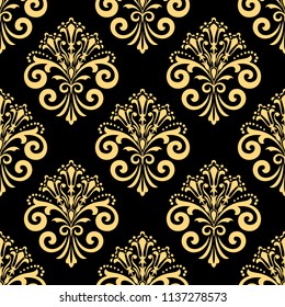 Wallpaper in the style of Baroque. Seamless vector background. Black and gold floral ornament. Graphic pattern for fabric, wallpaper, packaging. Ornate Damask flower ornament