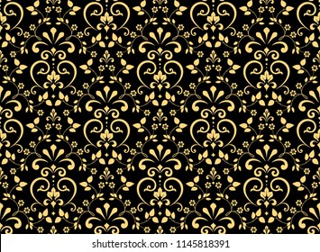 Wallpaper in the style of Baroque. Seamless vector background. Gold and black floral ornament. Graphic pattern for fabric, wallpaper, packaging. Ornate Damask flower ornament
