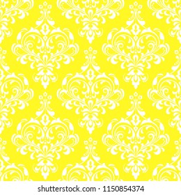 Wallpaper in the style of Baroque. Seamless vector background. White and yellow floral ornament. Graphic pattern for fabric, wallpaper, packaging. Ornate Damask flower ornament