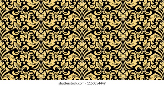 Wallpaper in the style of Baroque. Seamless vector background. Black and gold floral ornament. Graphic pattern for fabric, wallpaper, packaging. Ornate Damask flower ornament