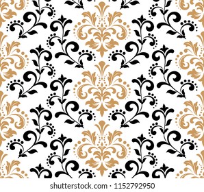 Wallpaper in the style of Baroque. Seamless vector background. White and black, gold floral ornament. Graphic pattern for fabric, wallpaper, packaging. Ornate Damask flower ornament