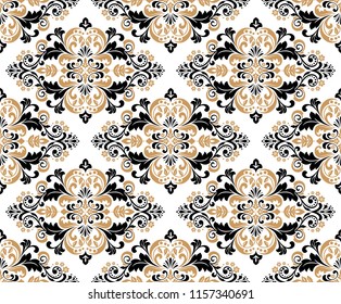 Wallpaper in the style of Baroque. Seamless vector background. Gold and black floral ornament. Graphic pattern for fabric, wallpaper, packaging. Ornate Damask flower ornament