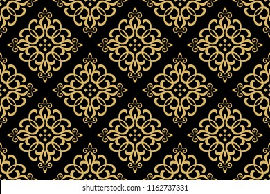 Wallpaper in the style of Baroque. Seamless vector background. Gold and black floral ornament. Graphic pattern for fabric, wallpaper, packaging. Ornate Damask flower ornament