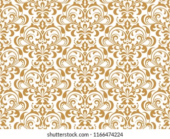Wallpaper in the style of Baroque. Seamless vector background. White and gold floral ornament. Graphic pattern for fabric, wallpaper, packaging. Ornate Damask flower ornament