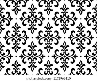 Fondo de pantalla en el estilo del Barroco. Fondo de Vector sin fisuras. Adorno floral blanco y negro. Patrón gráfico para tela, Fondo de pantalla, embalaje. Ornamento de flores de damasco adornado