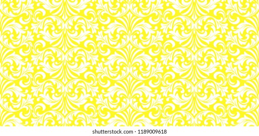 Wallpaper in the style of Baroque. Seamless vector background. White and yellow floral ornament. Graphic pattern for fabric, wallpaper, packaging. Ornate Damask flower ornament