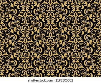 Wallpaper in the style of Baroque. Seamless vector background. Black and gold floral ornament. Graphic pattern for fabric, wallpaper, packaging. Ornate Damask flower ornament