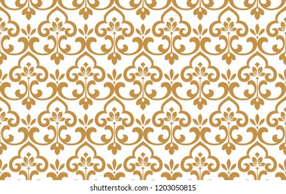 Wallpaper in the style of Baroque. Seamless vector background. White and gold floral ornament. Graphic pattern for fabric, wallpaper, packaging. Ornate Damask flower ornament