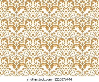 Wallpaper in the style of Baroque. Seamless vector background. White and gold floral ornament. Graphic pattern for fabric, wallpaper, packaging. Ornate Damask flower ornament