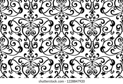 Wallpaper in the style of Baroque. Seamless vector background. White and black floral ornament. Graphic pattern for fabric, wallpaper, packaging. Ornate Damask flower ornament