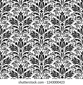 Wallpaper in the style of Baroque. Seamless vector background. White and black floral ornament. Graphic pattern for fabric, wallpaper, packaging. Ornate Damask flower ornament