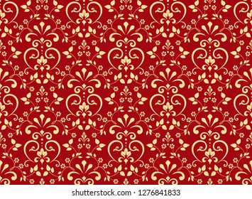 Wallpaper in the style of Baroque. Seamless vector background. Red and gold floral ornament. Graphic pattern for fabric, wallpaper, packaging. Ornate Damask flower ornament