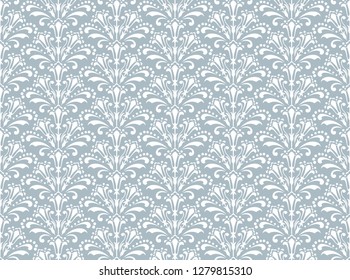 Wallpaper in the style of Baroque. Seamless vector background. White and blue floral ornament. Graphic pattern for fabric, wallpaper, packaging. Ornate Damask flower ornament