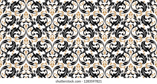 Wallpaper in the style of Baroque. Seamless vector background. Black and gold floral ornament. Graphic pattern for fabric, wallpaper, packaging. Ornate Damask flower ornament