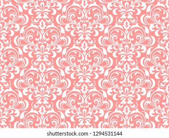 Wallpaper in the style of Baroque. Seamless vector background. White and pink floral ornament. Graphic pattern for fabric, wallpaper, packaging. Ornate Damask flower ornament