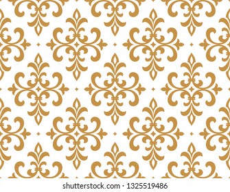 Wallpaper in the style of Baroque. Seamless vector background. White and gold floral ornament. Graphic pattern for fabric, wallpaper, packaging. Ornate Damask flower ornament