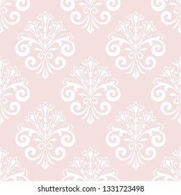 Wallpaper in the style of Baroque. Seamless vector background. White and pink floral ornament. Graphic pattern for fabric, wallpaper, packaging. Ornate Damask flower ornament