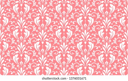 Wallpaper in the style of Baroque. Seamless vector background. White and pink floral ornament. Graphic pattern for fabric, wallpaper, packaging. Ornate Damask flower ornament