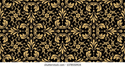 Wallpaper in the style of Baroque. Seamless vector background. Gold and black floral ornament. Graphic pattern for fabric, wallpaper, packaging. Ornate Damask flower ornament