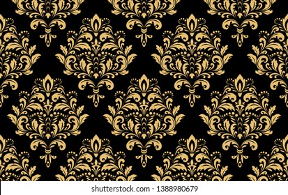 Wallpaper in the style of Baroque. Seamless vector background. Gold and black floral ornament. Graphic pattern for fabric, wallpaper, packaging. Ornate Damask flower ornament