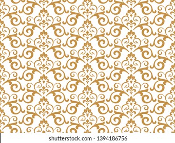 Wallpaper in the style of Baroque. Seamless vector background. White and gold floral ornament. Graphic pattern for fabric, wallpaper, packaging. Ornate Damask flower ornament