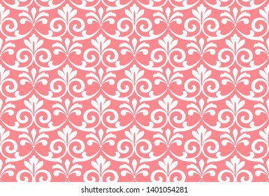 Wallpaper in the style of Baroque. Seamless vector background. White and pink floral ornament. Graphic pattern for fabric, wallpaper, packaging. Ornate Damask flower ornament