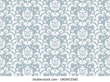 Wallpaper in the style of Baroque. Seamless vector background. White and blue floral ornament. Graphic pattern for fabric, wallpaper, packaging. Ornate Damask flower ornament