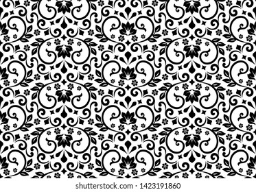 Wallpaper in the style of Baroque. Seamless vector background. White and black floral ornament. Graphic pattern for fabric, wallpaper, packaging. Ornate Damask flower ornament