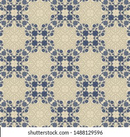 Wallpaper in the style of Baroque. Seamless vector background. White and blue floral ornament. Graphic pattern for fabric, wallpaper, packaging. Ornate Damask flower ornament