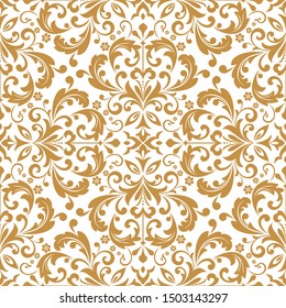 Papel de la pared al estilo barroco. Fondo vectorial transparente. El adorno floral blanco y dorado. Patrón gráfico para tela, papel pintado, embalaje. Ornate Damask adorno de flores