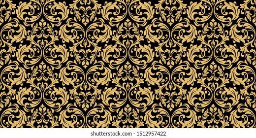Wallpaper in the style of Baroque. Seamless vector background. Gold and black floral ornament. Graphic pattern for fabric, wallpaper, packaging. Ornate Damask flower ornament