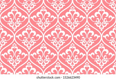 Wallpaper in the style of Baroque. Seamless vector background. White and pink floral ornament. Graphic pattern for fabric, wallpaper, packaging. Ornate Damask flower ornament