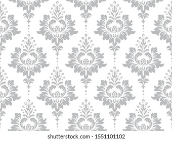 Wallpaper in the style of Baroque. Seamless vector background. White and grey floral ornament. Graphic pattern for fabric, wallpaper, packaging. Ornate Damask flower ornament.