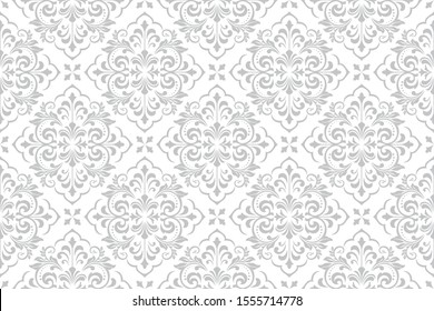 Fond d'écran dans le style baroque. Arrière-plan vectoriel harmonieux. Un ornement floral blanc et gris. Motif graphique pour tissu, fond d'écran, emballage. Ornat de fleurs Damas.