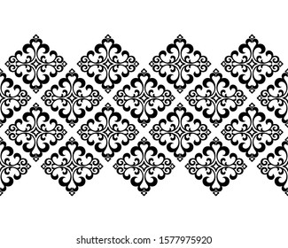 Tapete im Barockstil. Nahtloser Vektorhintergrund. Weiße und schwarze Blumenschmuck. Grafisches Muster für Gewebe, Tapeten, Verpackung. Blütendekoration von Ornate Damast
