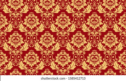 Wallpaper in the style of Baroque. Seamless vector background. Red and gold floral ornament. Graphic pattern for fabric, wallpaper, packaging. Ornate Damask flower ornament