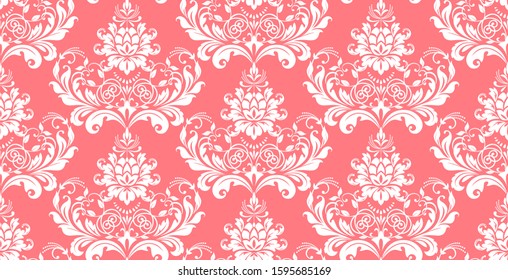 Wallpaper in the style of Baroque. Seamless vector background. White and pink floral ornament. Graphic pattern for fabric, wallpaper, packaging. Ornate Damask flower ornament