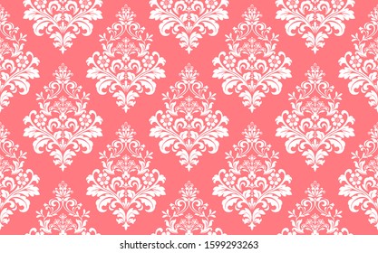 Wallpaper in the style of Baroque. Seamless vector background. White and pink floral ornament. Graphic pattern for fabric, wallpaper, packaging. Ornate Damask flower ornament