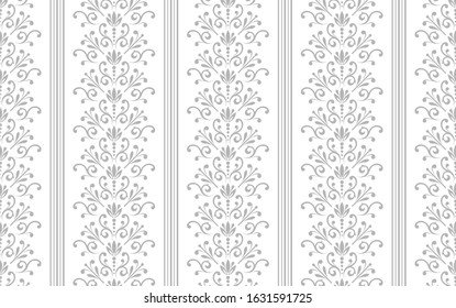 Wallpaper in the style of Baroque. Seamless vector background. White and grey floral ornament. Graphic pattern for fabric, wallpaper, packaging. Ornate Damask flower ornament.